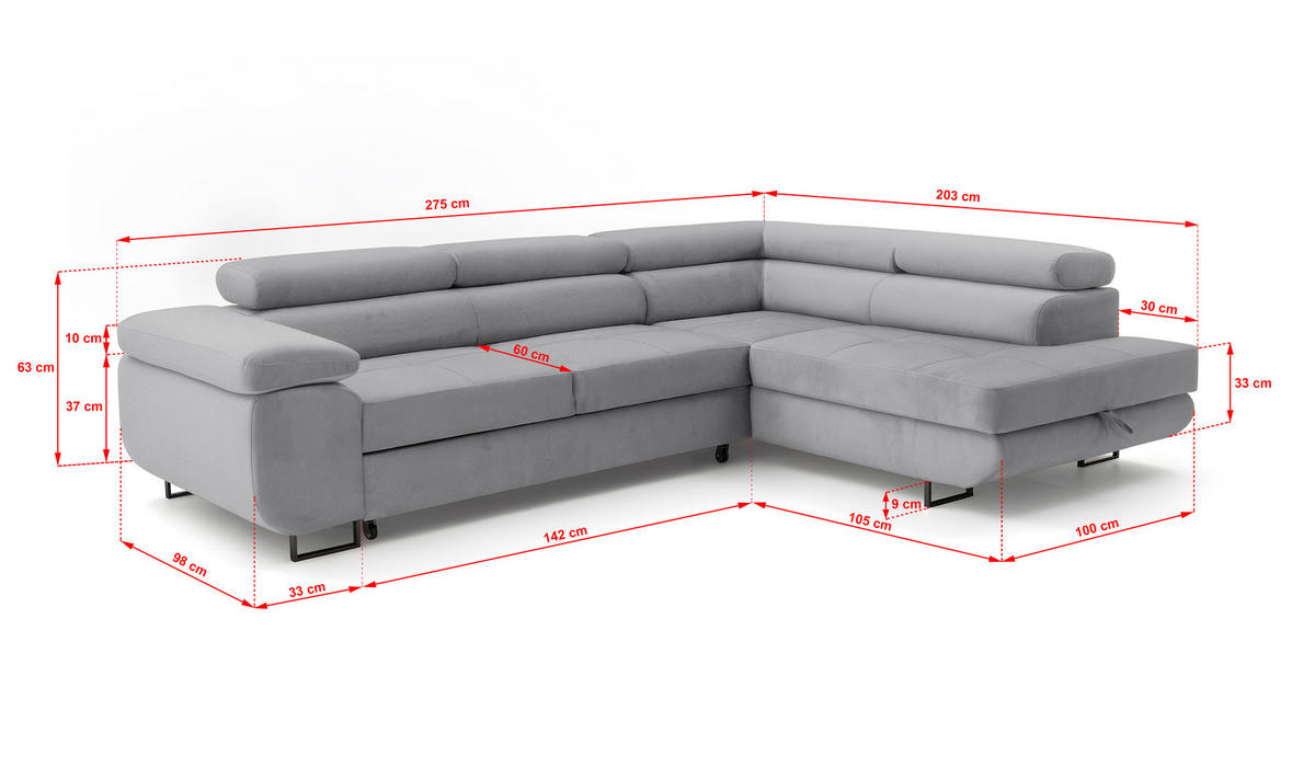 ECKSOFA Velmo mit Bettkasten und Schlaffunktion, verstellbaren Kopfstützen, in L-Form - Hellgrau, Textil (275/203cm)