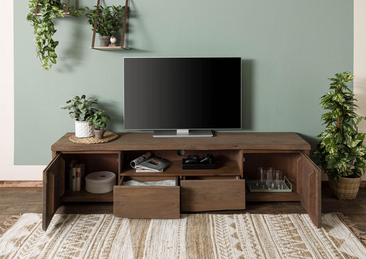 TV-BOARD Mango 200x45x50 braun geölt / sandgestrahlt PURE MANGO #121 - Braun, Holz (45/50/200cm) - Massivmoebel24