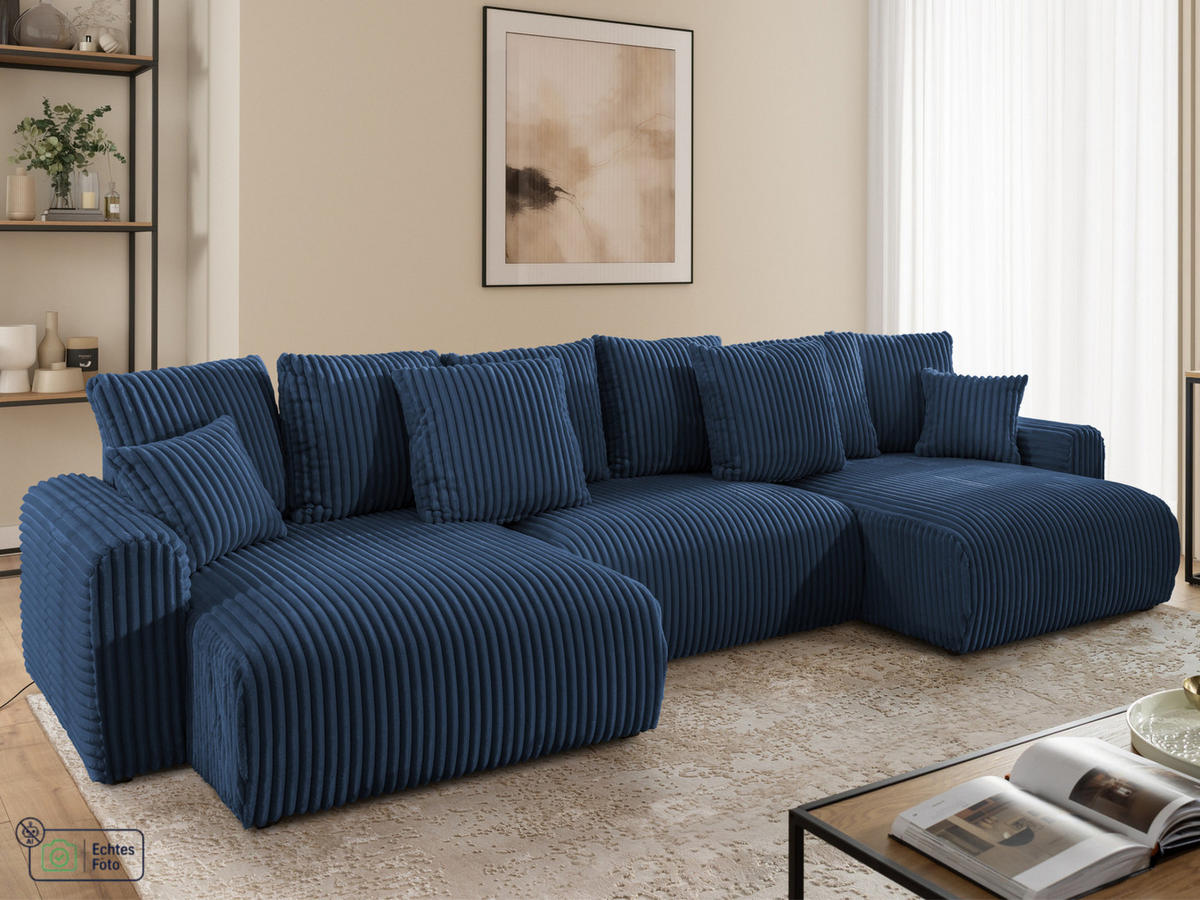 WOHNLANDSCHAFT Calma mit Schlaffunktion und Bettkasten im Bumpy-Design aus weichem Marineblau Plüschcord - Blau/Beige, Holz/Textil (336/88/140cm) - S-Style