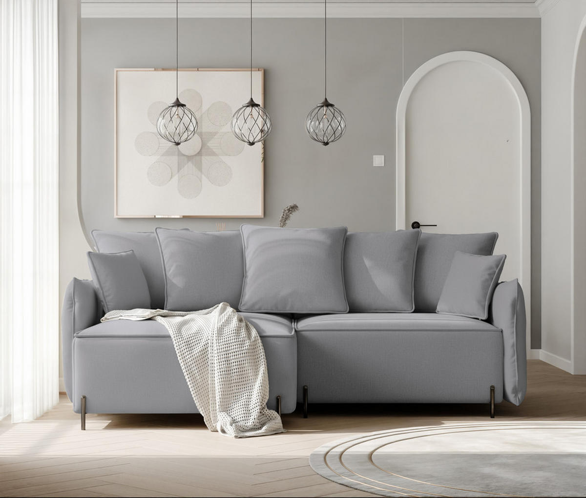 ECKSOFA MARCO Links, mit Schlaffunktion und Bettkasten, Grau - Grau, Textil/Metall (221/148cm) - Idohome