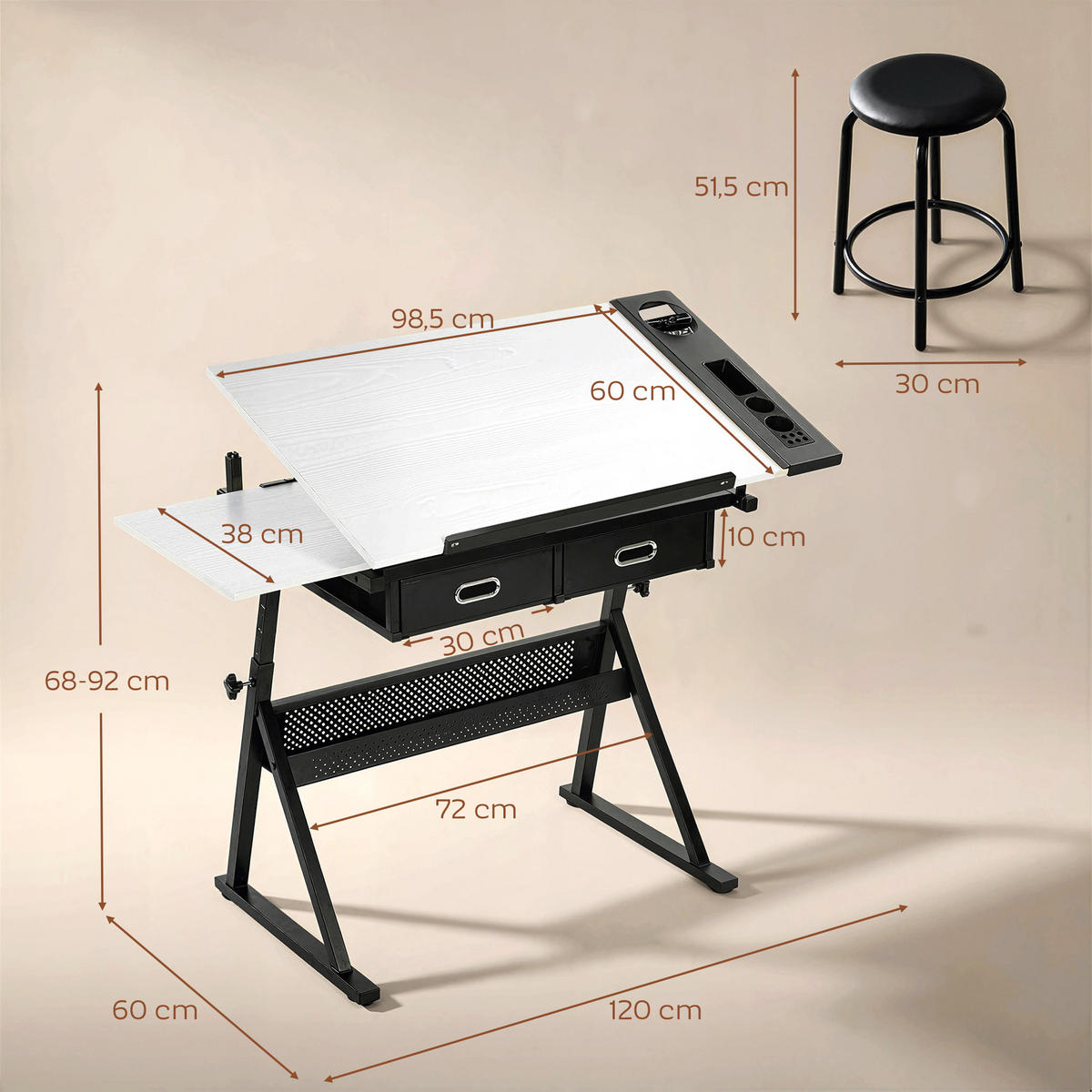 ZEICHENTISCH mit Hocker aus MDF Metall Weiß - Schwarz/Weiß, Leder/Holzwerkstoff (120/60/92cm) - HOMCOM