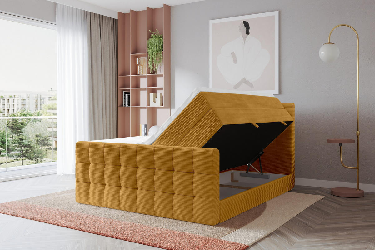 BOXSPRINGOVÁ POSTEL s matrací H3/H4 - IGAN-Z KING - 160x200 cm Hořčicová - kari žlutá, kompozitní dřevo (163/200cm) - ALTDECOR