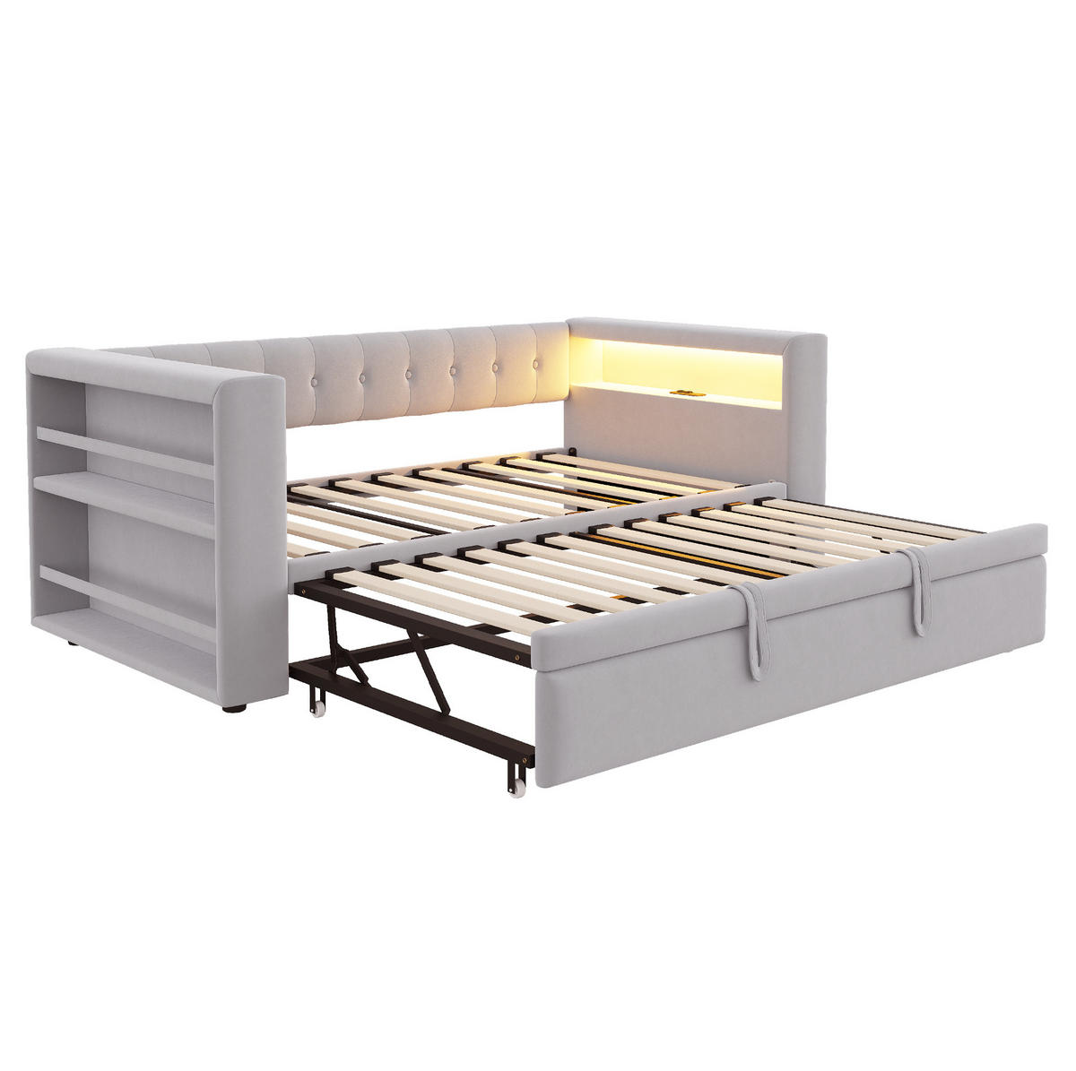 POLSTERBETT 90/180/190 cm aus Flanellstoff mit LED-Beleuchtung, Steckdose und Stauraum Hellgrau - Hellgrau, Textil - Modenvie