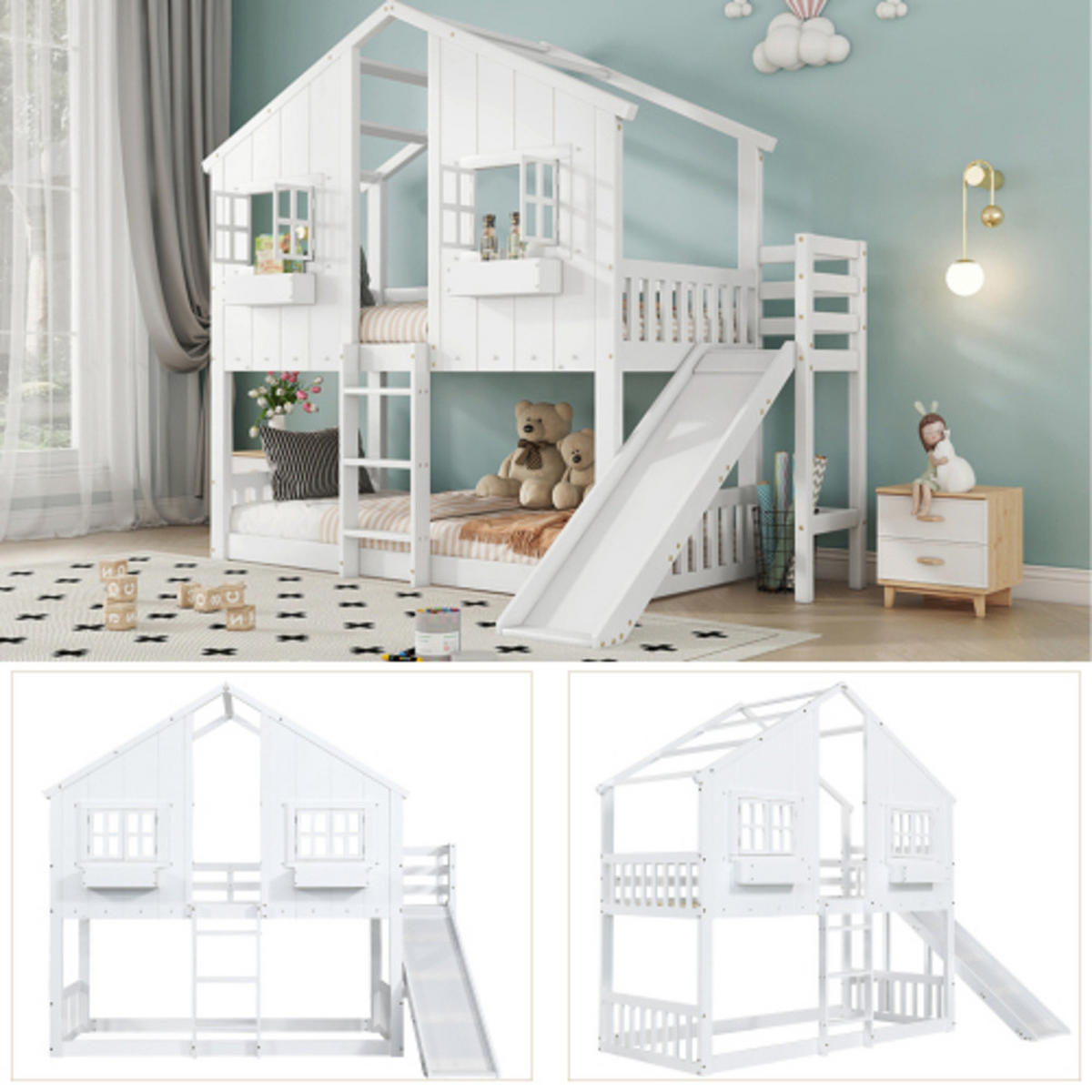 ETAGENBETT 90x200 cm mit Rutsche, Massivholz & MDF, weiß - Weiß, Holzwerkstoff (90/200cm) - Luhomfu