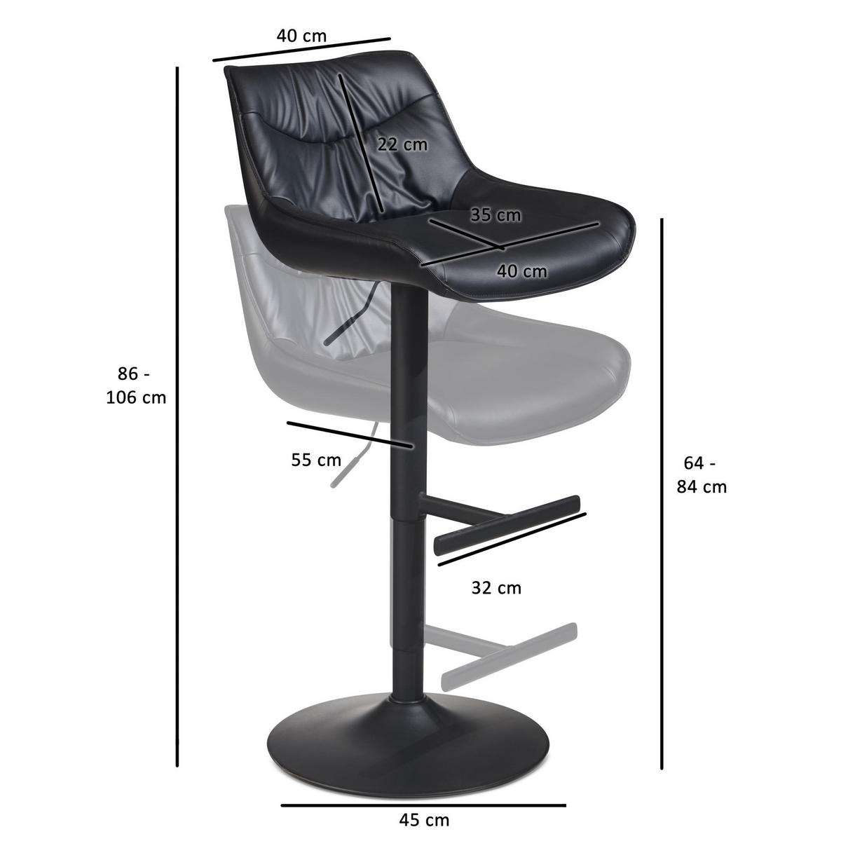BARHOCKER – Kunstleder Schwarz, Rückenlehne, höhenverstellbar 86–106 cm, Trompetenfuß, 100 kg - Schwarz, Kunststoff/Textil (45/106/55cm) - KADIMA DESIGN