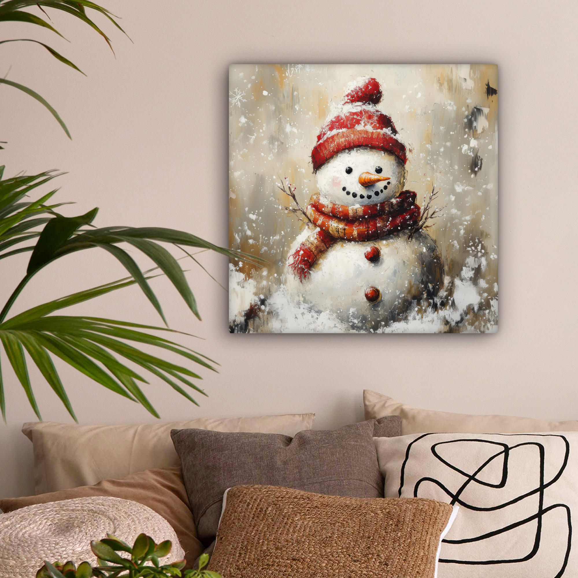 LEINWANDBILD Schneemann - Winter - Schnee - Beige 50x50 cm - Weiß, Textil (50/50cm) - MuchoWow