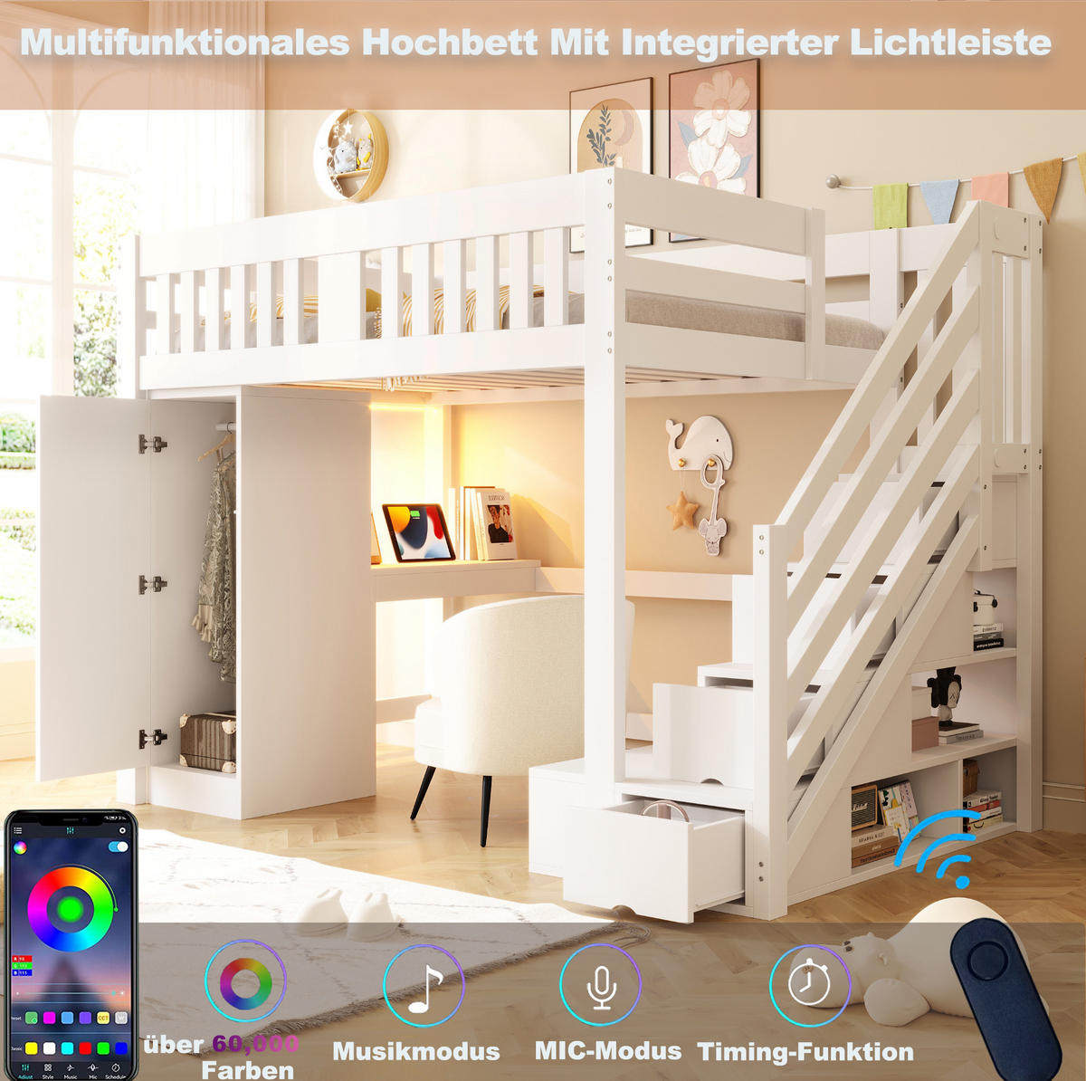 HOCHBETT 140x200 cm in Weiß mit Stauraumtreppe, Schreibtisch, Kleiderschrank und LED - Weiß, Holz (140/200cm) - IVMEU