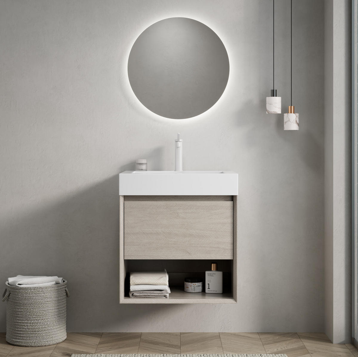 WASCHTISCHKOMBI 55x46x60cm Helle Eiche/Weiß mit Resinbecken & Massivholzfront - Creme, Kunststoff (55/60/46cm) - Modfu