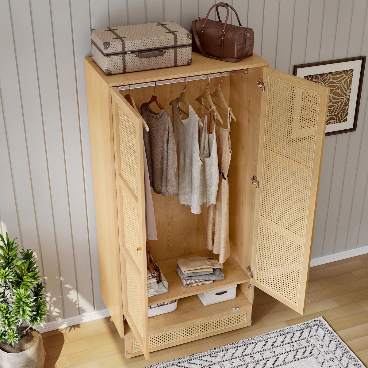 KLEIDERSCHRANK 90/45/183 cm mit 2 Drehtüren und Rattan-Optik in Natur - Naturfarben, Holz (90/183/45cm) - BEAOK