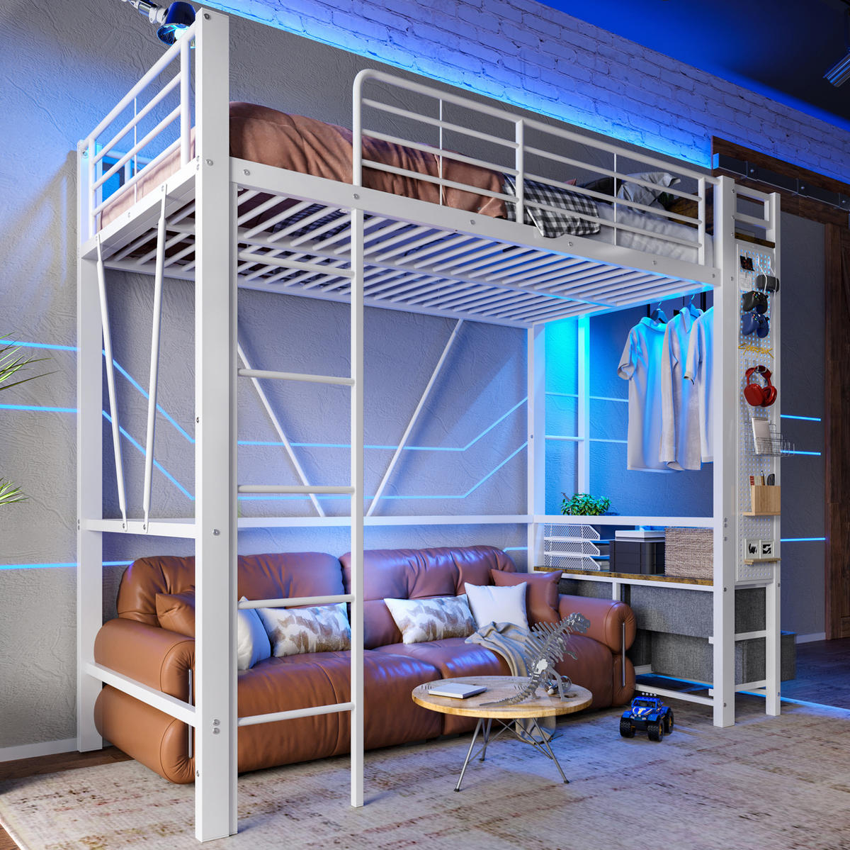 HOCHBETT aus Metall und MDF 90x200 cm Weiß mit Schubladen, LED-Leiste, USB- und Type-C-Anschluss - Weiß, Metall (90/200cm) - IVMEU