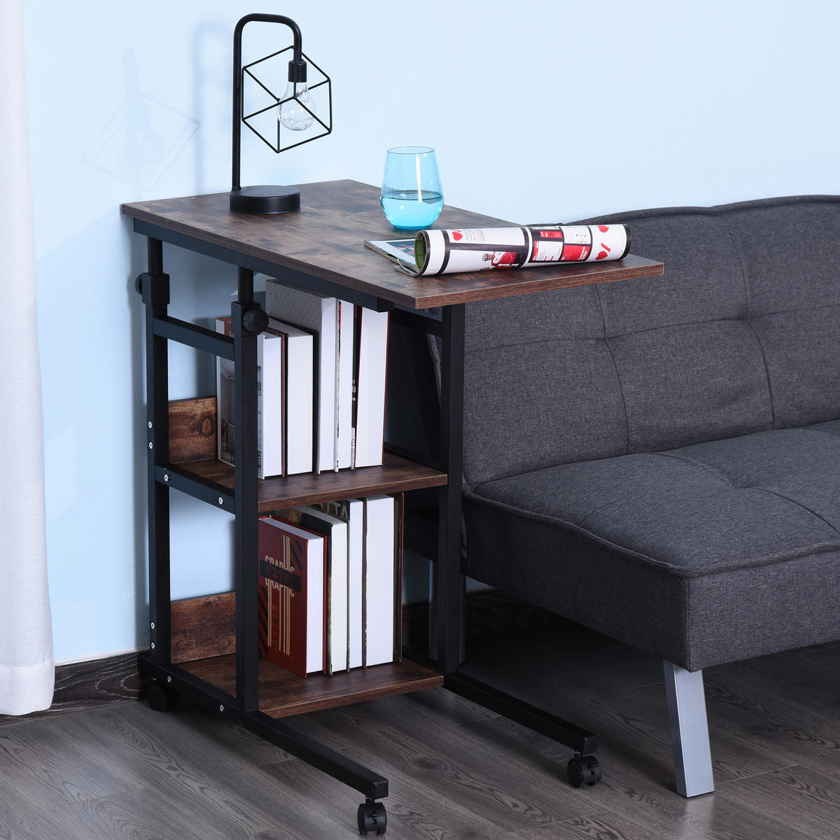 BEISTELLTISCH Couchtisch mit Rollen höhenverstellbar 2 untere Regale Esszimmer - Dunkelbraun, Kunststoff (80/40/82cm) - HOMCOM