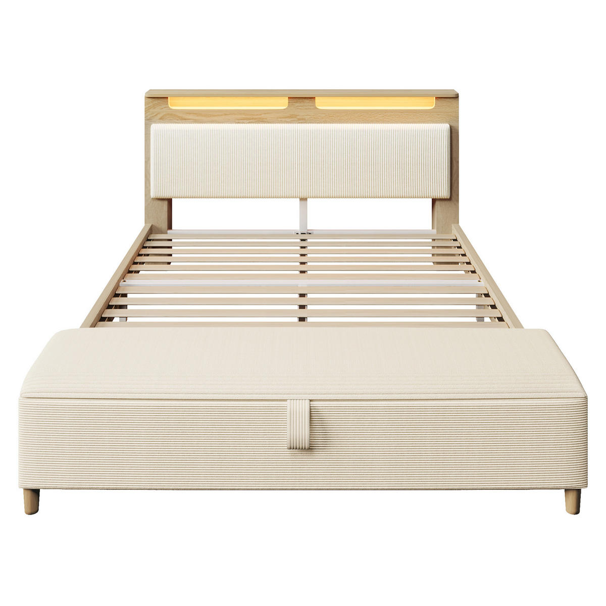 POLSTERBETT 140/200 cm in Eichefarben mit Polsterbettbank, LED-Beleuchtung und Cordbezug - Beige, Textil (140/200cm) - Flora Grace
