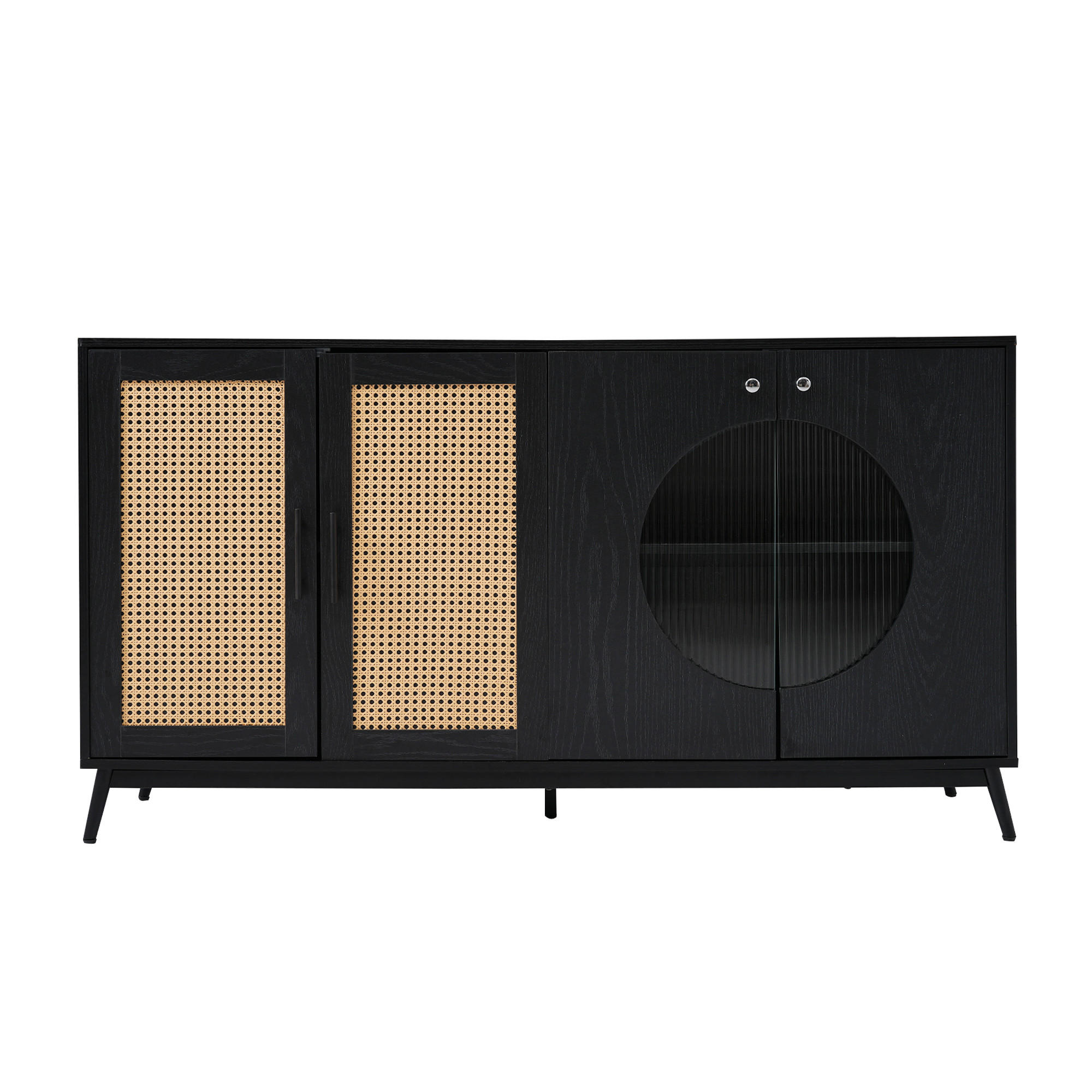 SIDEBOARD mit Rattan-Elementen und Schiebetüren, 150/40/80 cm - Schwarz, Holzwerkstoff (150/80/40cm) - Urban Meuble