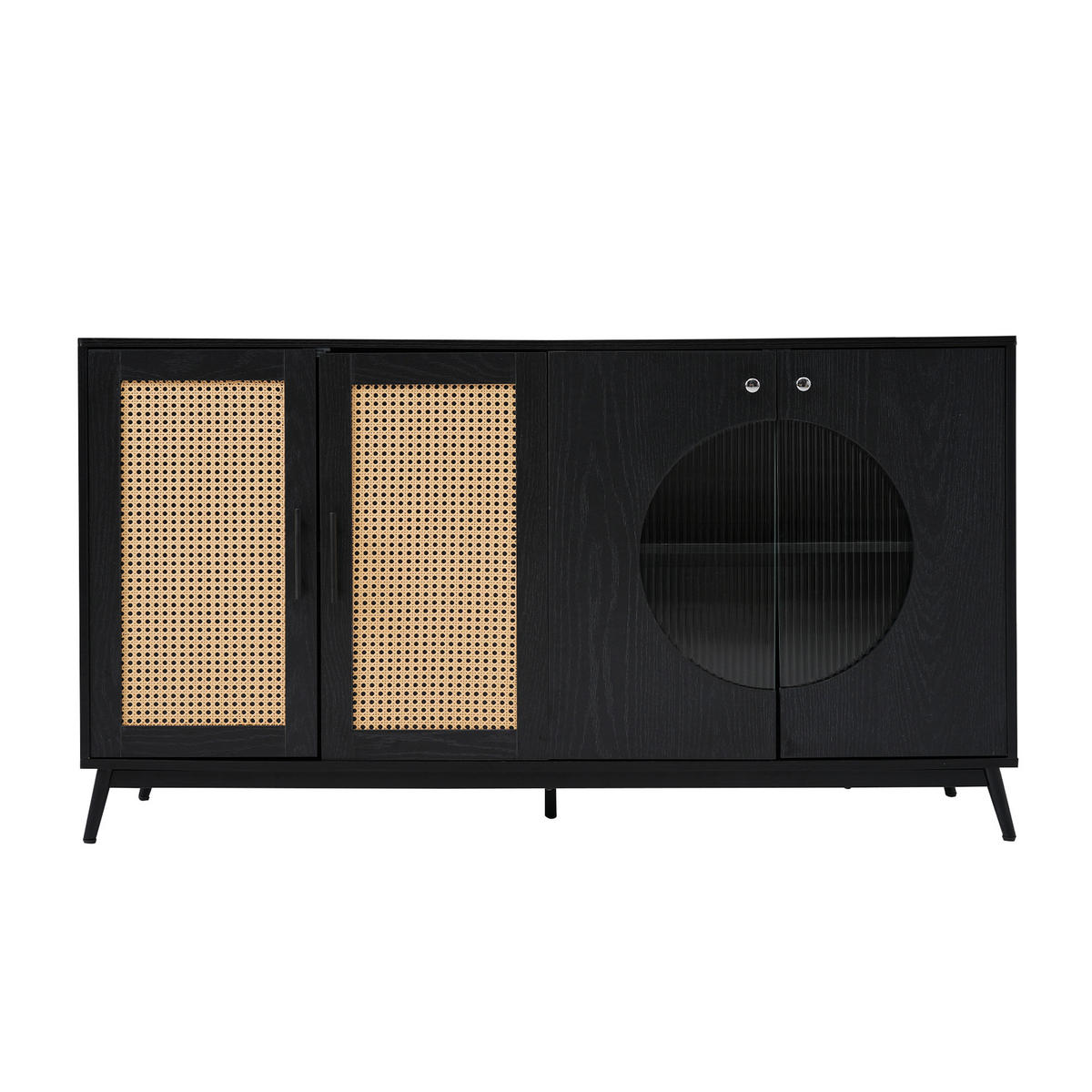 SIDEBOARD mit Rattan-Elementen und Schiebetüren, 150/40/80 cm - Schwarz, Holzwerkstoff (150/80/40cm) - Urban Meuble