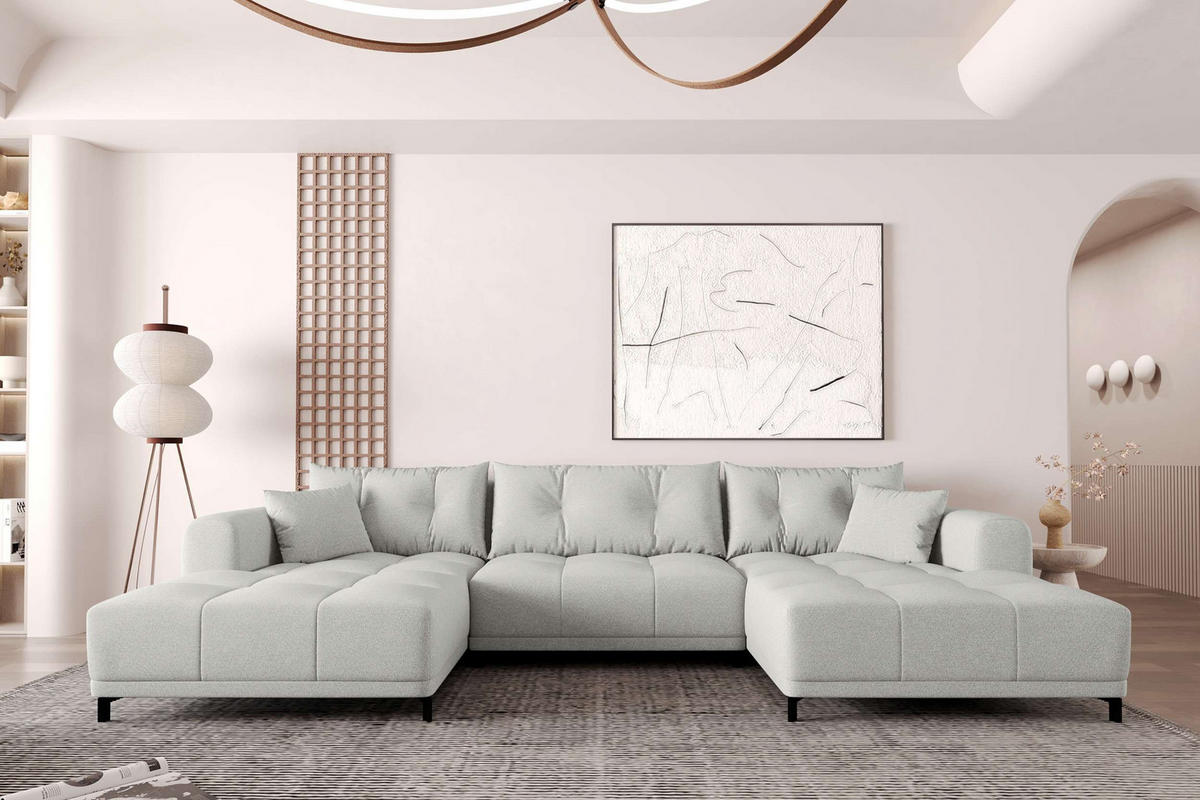 WOHNLANDSCHAFT Strukturstoff Hellgrau inkl. Schlaffunktion - Hellgrau/Schwarz, Textil/Metall (348/94/181cm) - 99rooms