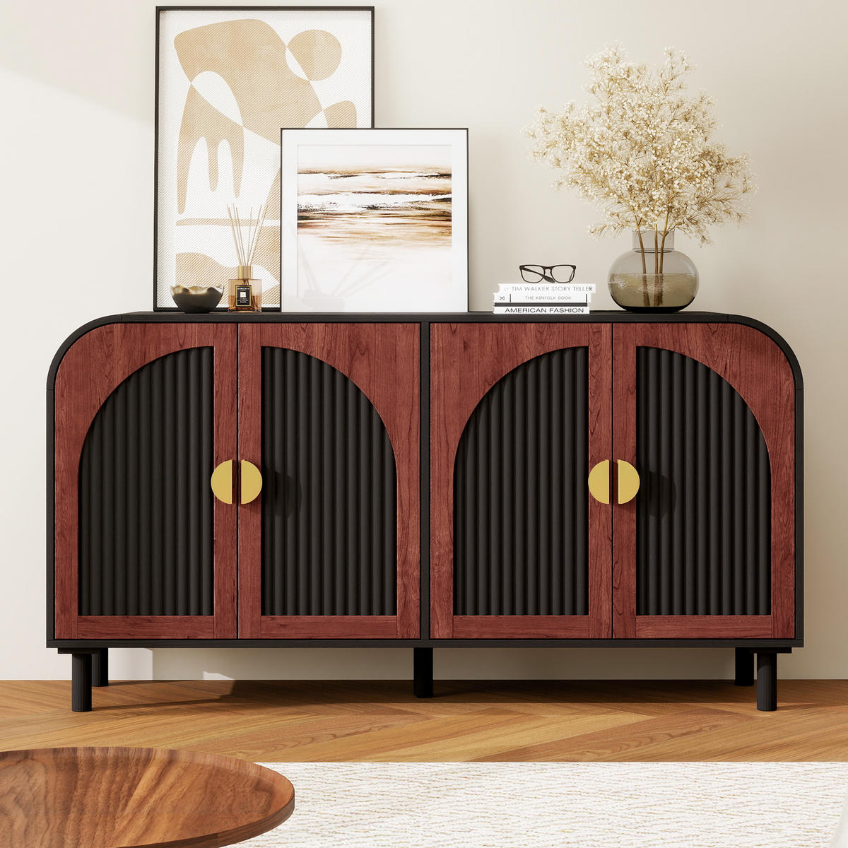SIDEBOARD DE-38098 150/40/80 cm mit 4 Türen und Soft-Close Rotbraun - Schwarz, Holzwerkstoff (150/80/40cm) - ComfortXL