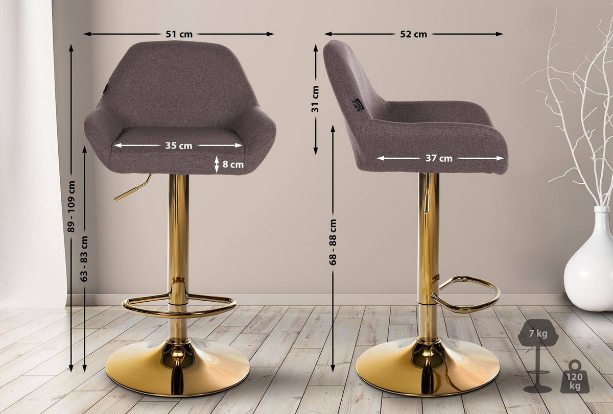 BARHOCKER Stoff braun - Goldfarben/Braun, Textil/Metall (51/89/52cm) - CLP