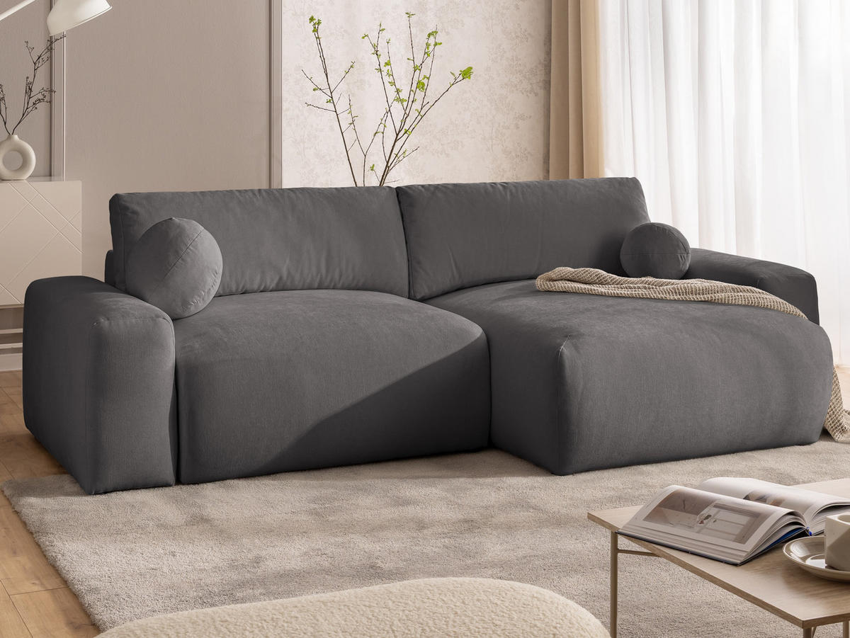 ECKSOFA Puffy mit Schlaffunktion und Bettkasten - besonders weich und puffig aus Taupe Webstoff - Ottomane rechts - Taupe/Schwarz, Holz/Kunststoff (266/138cm) - S-Style Möbel