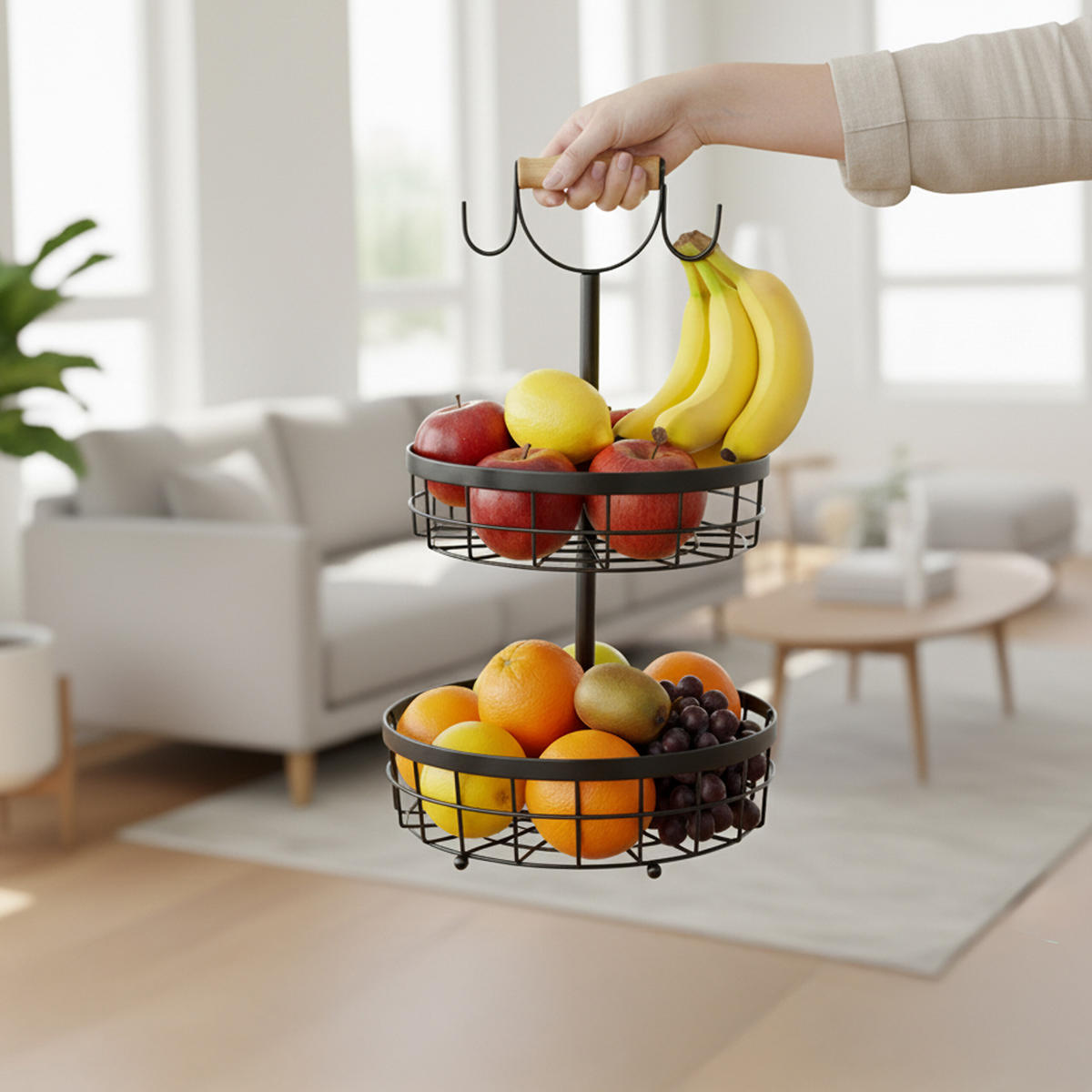 OBSTKORB-ETAGERE - Schwarz, Holz/Metall (28.5/53cm) - Relaxdays