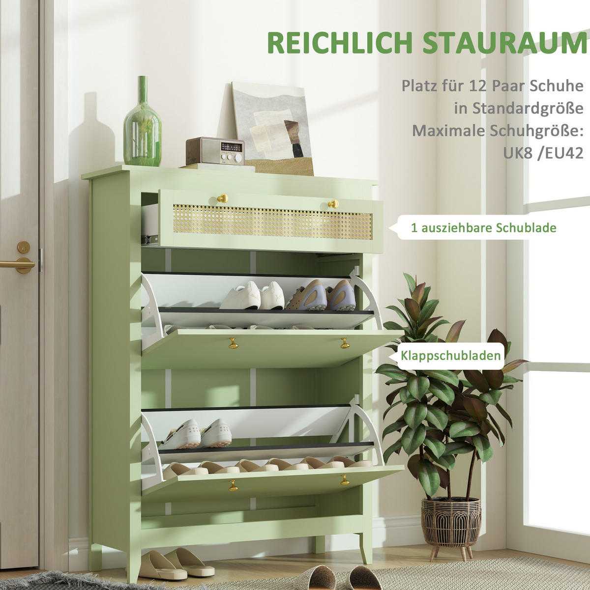 SCHUHSCHRANK 88/30/120 cm grün mit 2 Klappen und Schublade - Grün, Holzwerkstoff (88/120/30cm) - OKWISH
