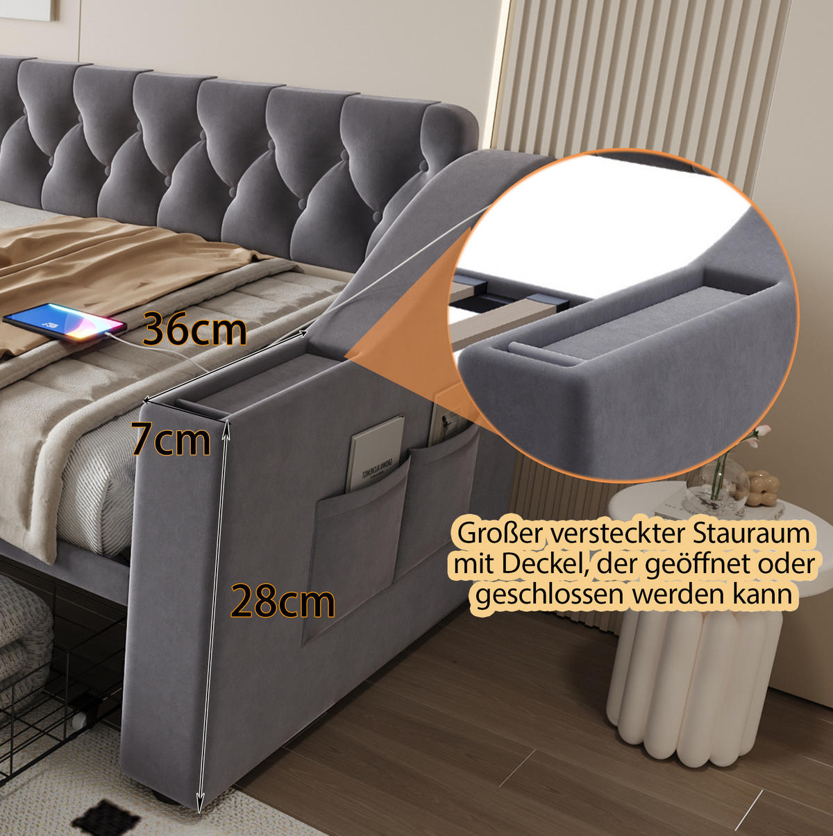 SAMT-POLSTERBETT 90/190 cm mit Stauraumschubladen und USB-Anschluss - Grau, Textil (90/190cm) - BEAOK