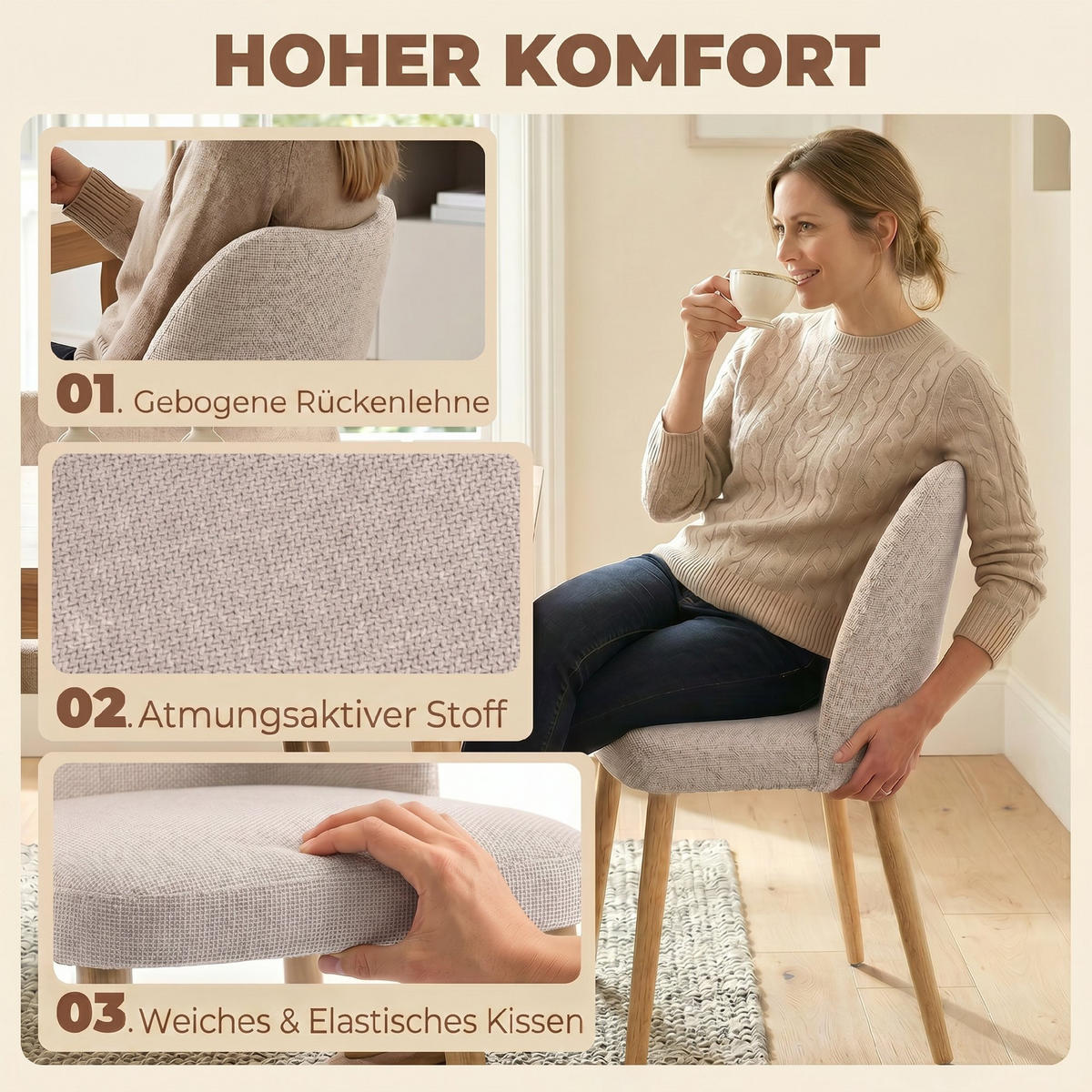 ESSZIMMERSTÜHLE 2er Set Polyester Cremeweiß - Creme, Textil (46/76/52cm) - HOMCOM
