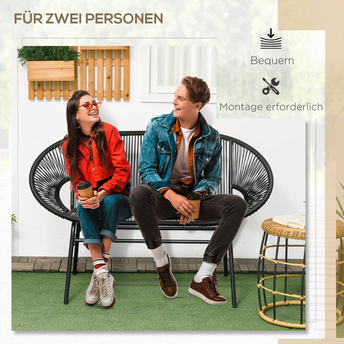 POLYRATTAN Sitzbank 2-Sitzer Rattanbank Gartenbank, für Terrasse, Balkon, Stahl - Schwarz, Metall (72/83/132cm) - Outsunny