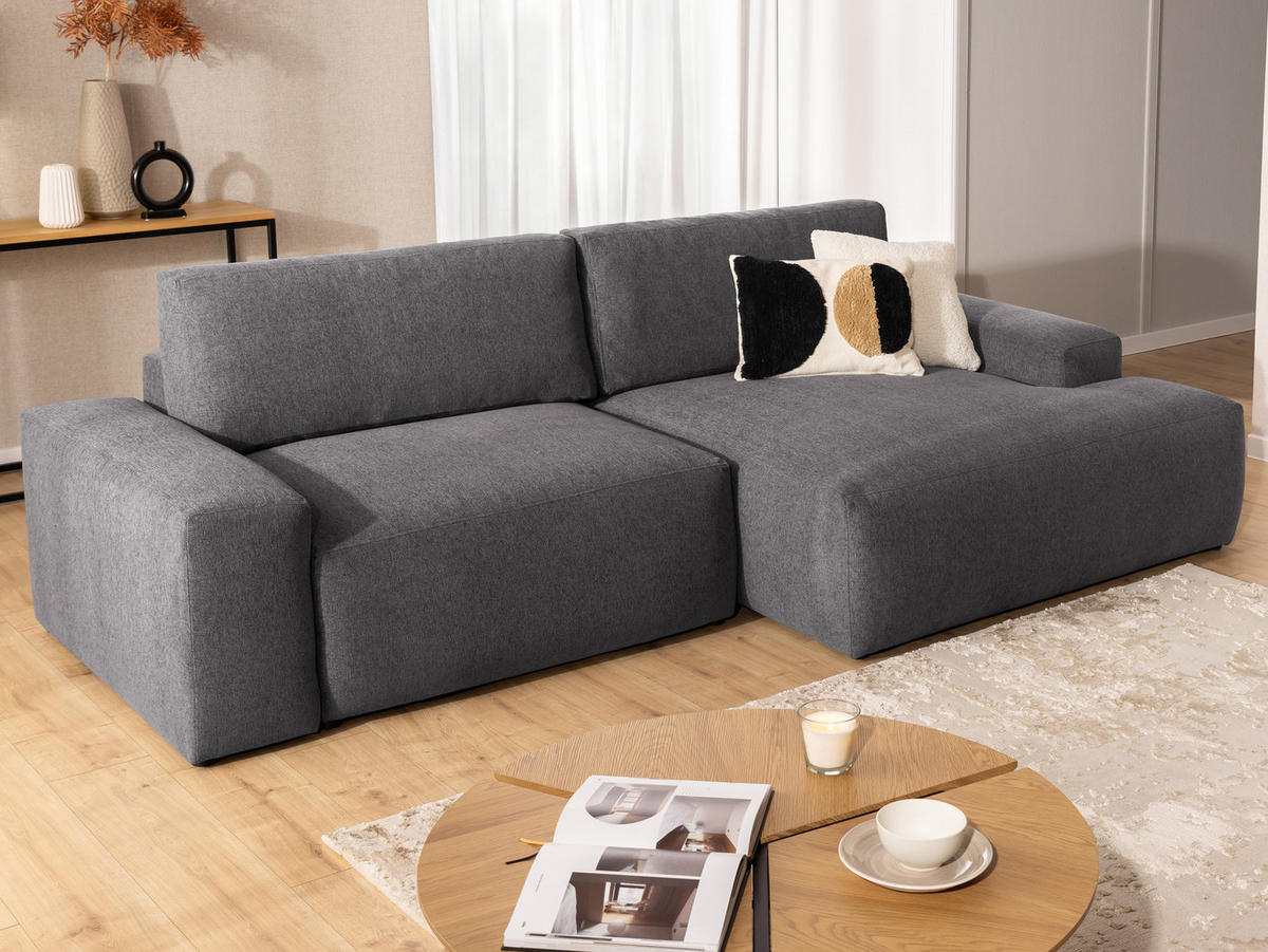 ECKSOFA inkl. Hocker Lennon aus Graphit Strukturstoff mit Schlaffunktion und Bettkasten - Graphitfarben/Schwarz, Holz/Kunststoff (264/137cm) - S-Style