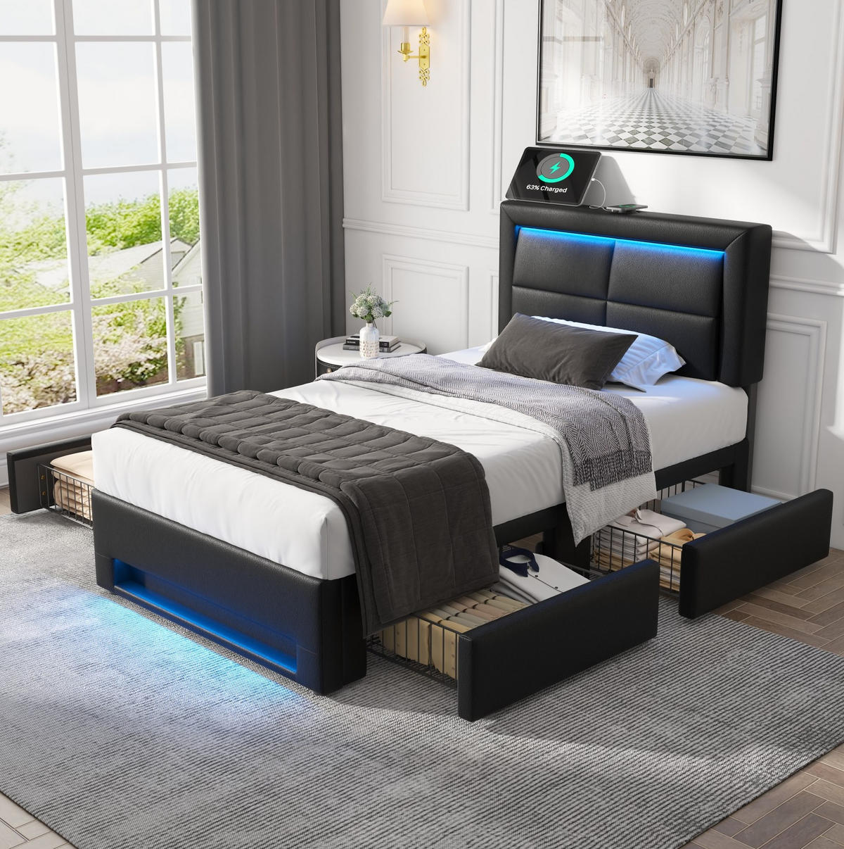 POLSTERBETT 90/200 cm Schwarz mit USB-Anschluss und LED-Beleuchtung - Schwarz, Kunststoff (90/200cm) - OKWISH