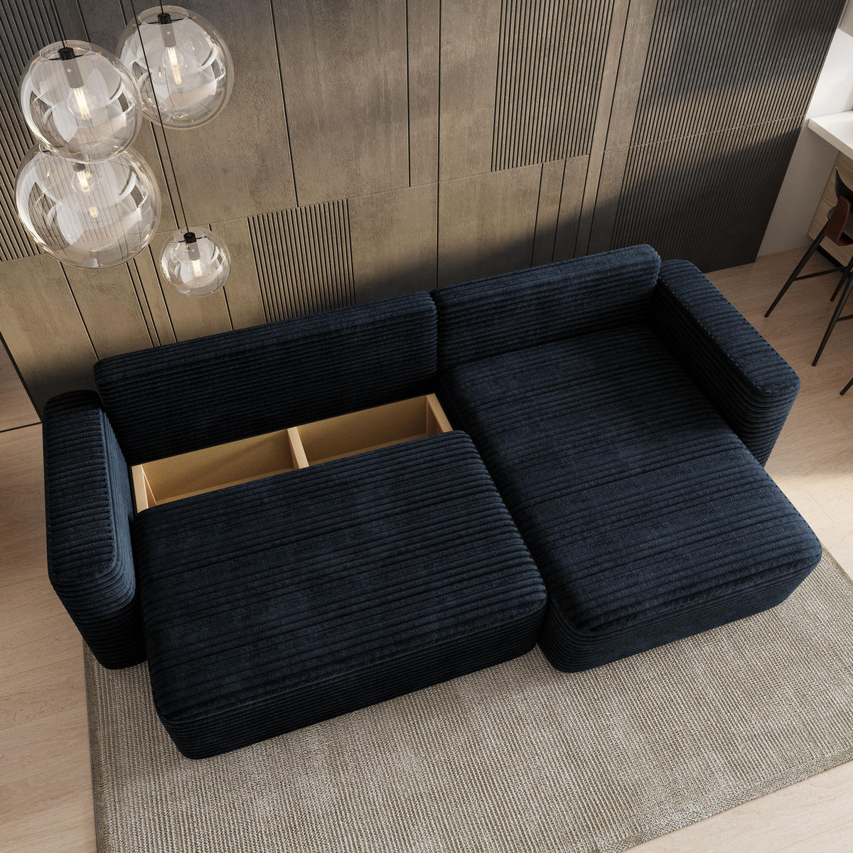 ECKSOFA TELIN Schwarz Kordstoff mit Schlaffunktion - Schwarz, Holz (280/162cm) - MASSENO