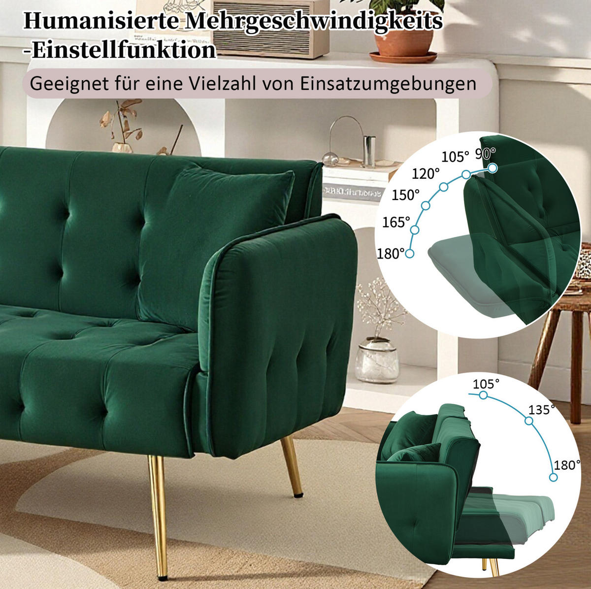SCHLAFSOFA aus Velours 215x81,5 cm in Grün mit verstellbarer Rückenlehne - Grün, Textil (215/41/81.5cm) - Modfu