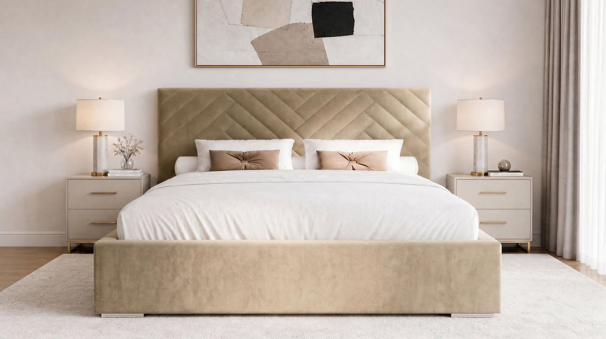 POLSTERBETT 200x200 cm AURA, Doppelbett mit Bettkasten und Lattenrost aus Holz, Velourstoff: Creme - Creme, Holz/Kunststoff (200/200cm) - Marpur