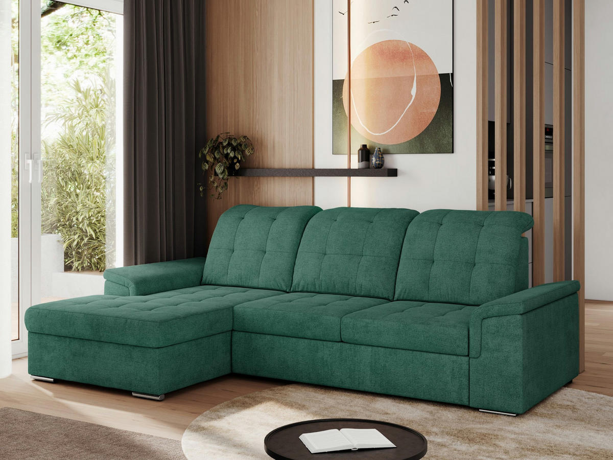 ECKSOFA MADRITO L - Grün Struktur - Links - Silberfarben/Grün, Textil/Metall (160/256cm)