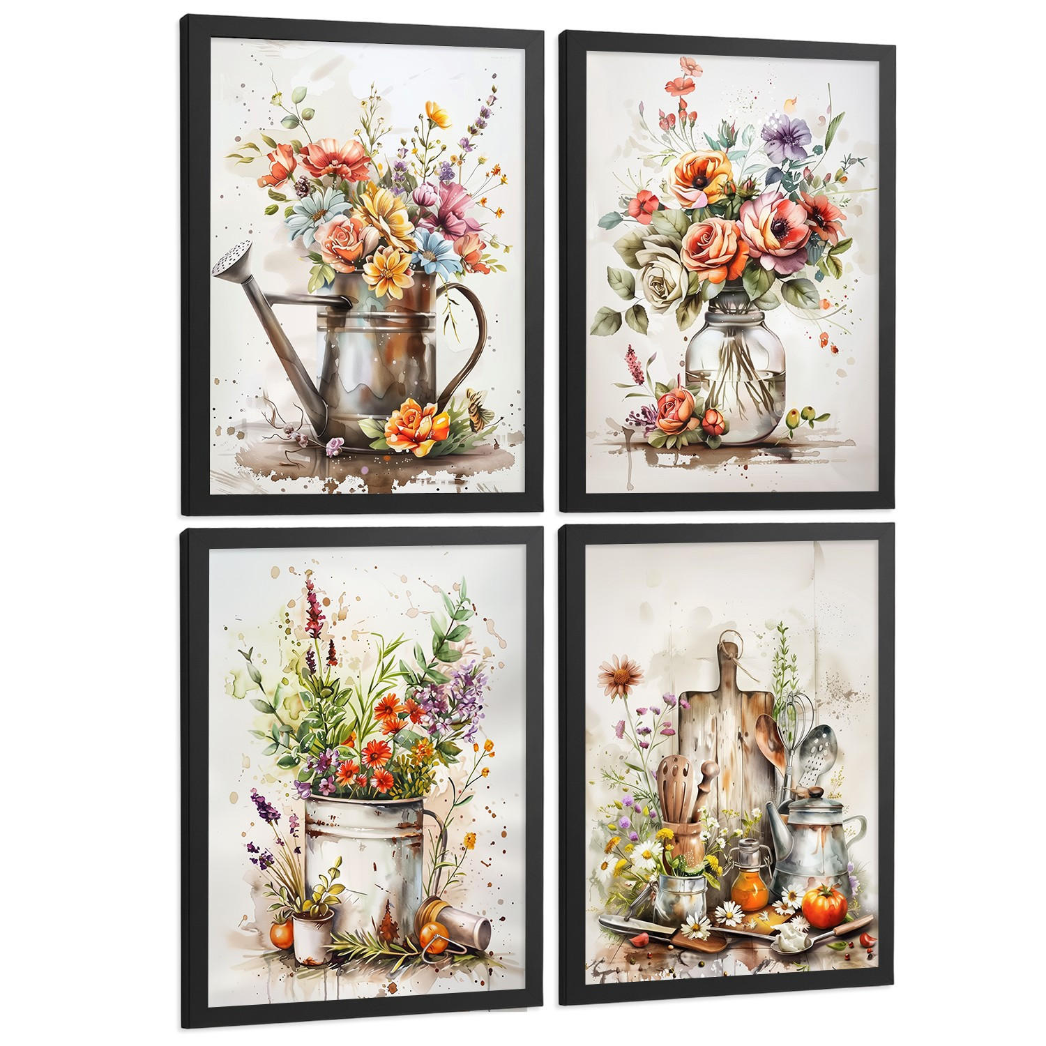POSTER 4er Set Blumen Küchen-Wandbilder Gießkanne Vase Utensilien Botanisches Aquarell Wohnzimmer Deko Schwarzer Rahmen A3 - Schwarz, Papier (29.7/1/42cm) - Nacnic