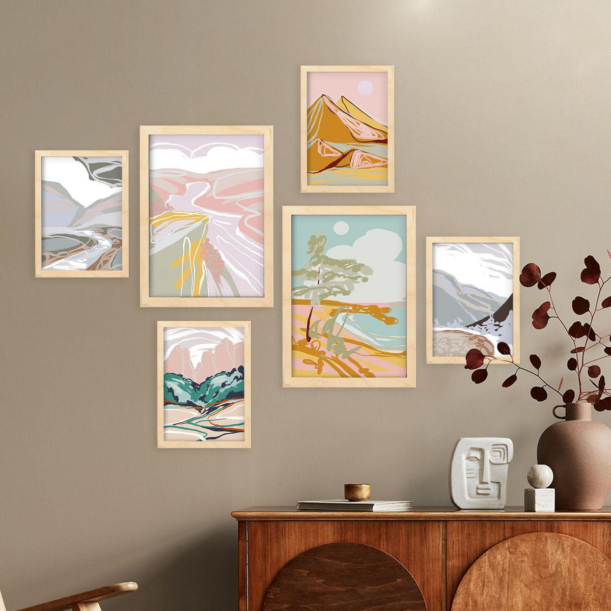 POSTER Set Mit 6 Küstenlandschaftsabstrakte Größe A3 & A4 Rahmen aus hellem Holz - Beige, Papier (29.7/1cm) - Nacnic