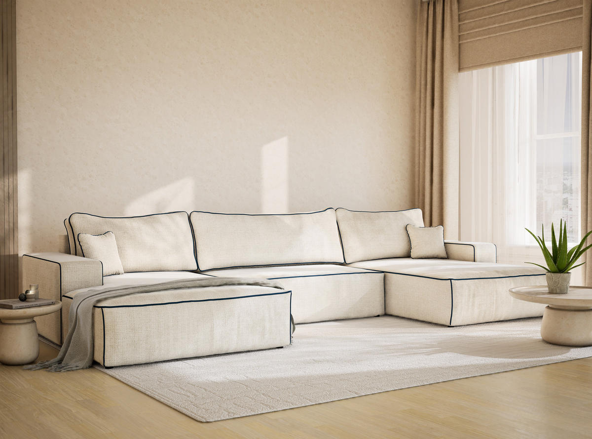 WOHNLANDSCHAFT Deseo Ecru-Dunkelblau Chenille-Stoff - Ecru/Schwarz, Holz/Holzwerkstoff (398/70/148cm) - Maison de Reve