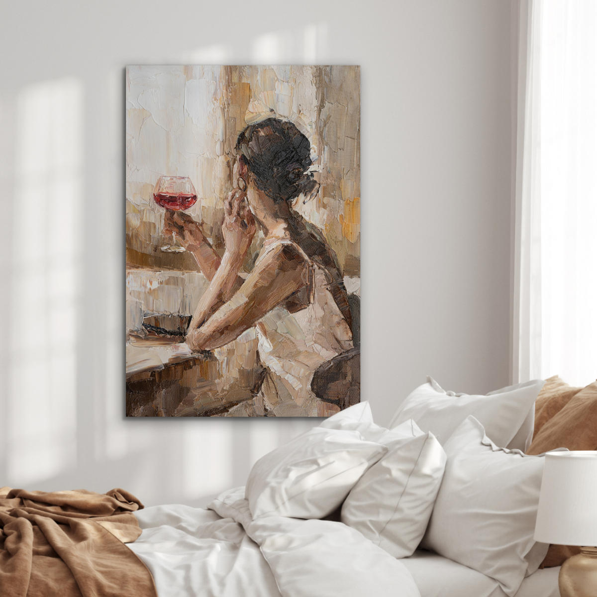 METALLBILD Ölgemälde - Frau - Wein 60x90 cm - Hellbraun, Metall (60/90cm) - MuchoWow