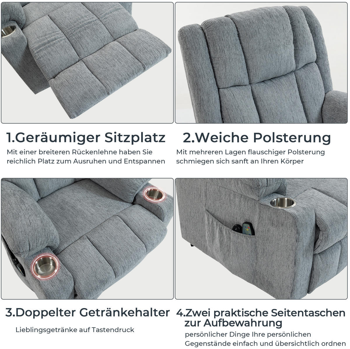 RELAXSESSEL in Hellgrau mit Aufstehhilfe, Massagefunktion und Wärmefunktion,84/91/106 cm - Hellgrau, Textil (84/106/91cm) - Flora Grace