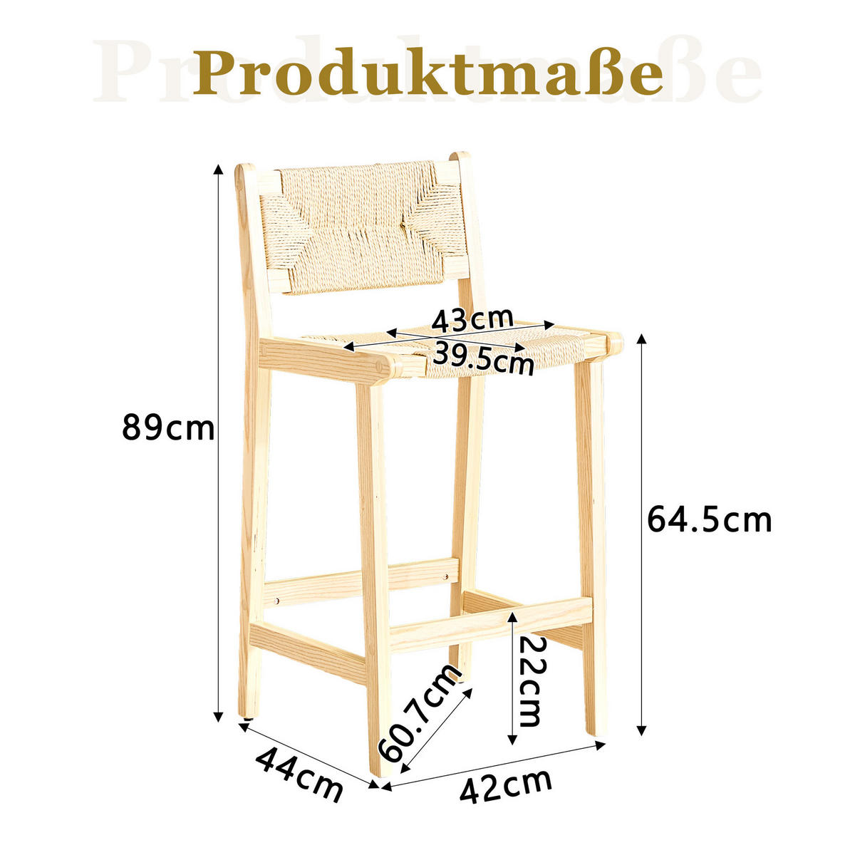 BARHOCKER 2er-Set mit Geflecht und Massivholz für Kücheninsel - Birnbaumfarben, Holz (42/89/44cm) - Meubliv