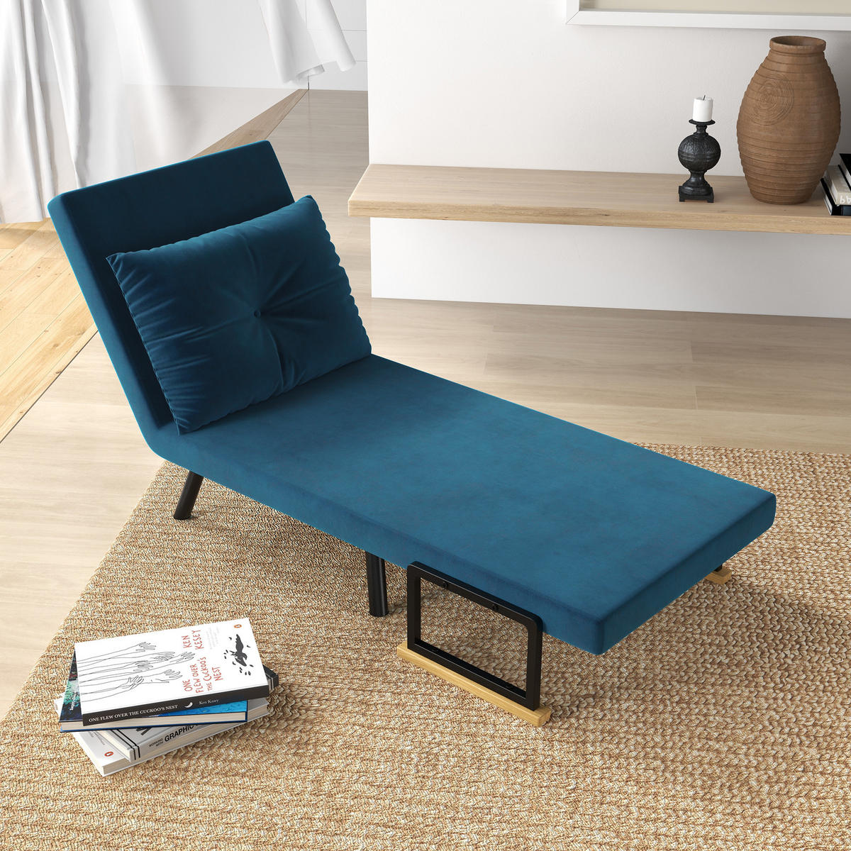 SCHLAFSESSEL, Einzelsofa mit Bettfunktion, Relaxsessel mit Rückenkissen Blau - Blau/Schwarz, Holz/Textil (73/81/63cm) - HOMCOM