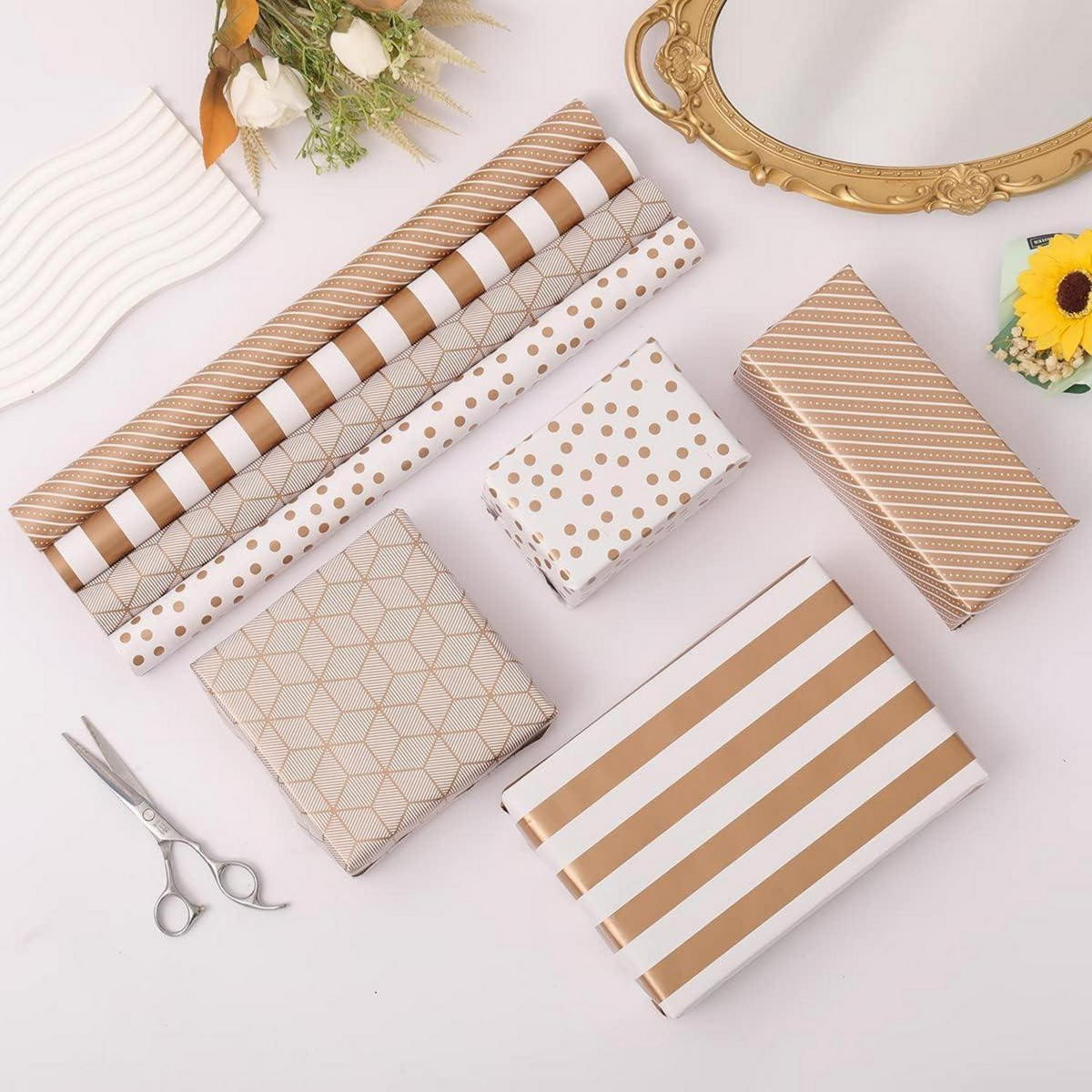 GESCHENKPAPIER 5er Set 44 cm x 3 m Gold Punkte Streifen - Multicolor, Papier (44/44/44cm)
