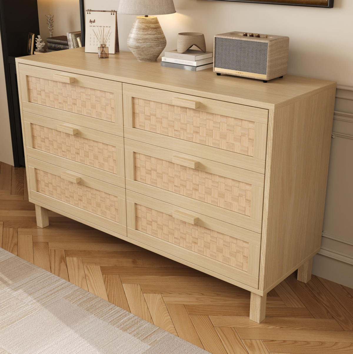 KOMMODE aus Spanplatte 120x75x40cm in Natur mit 6 Schubladen - Naturfarben, Holzwerkstoff (120/75/40cm) - Modfu