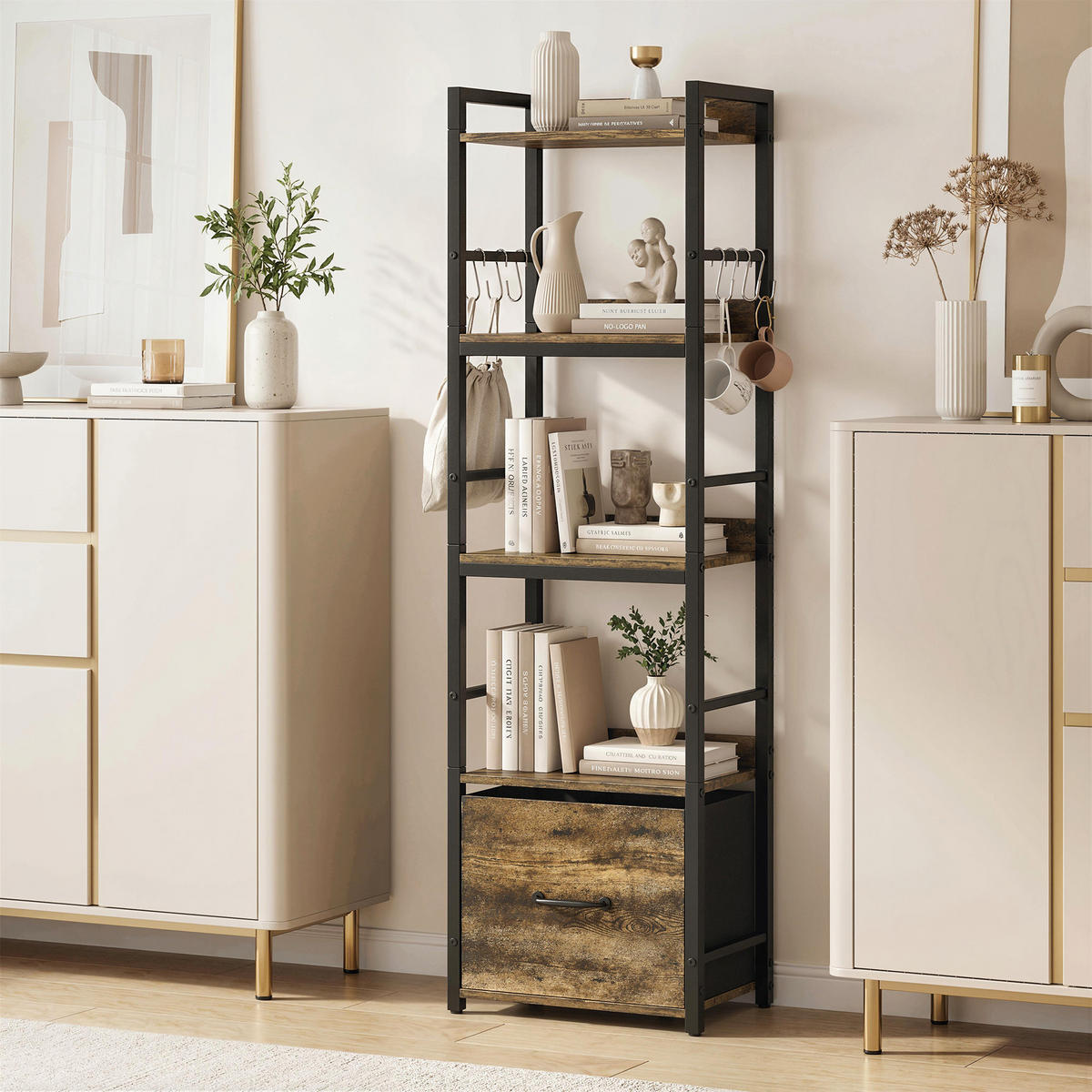REGAL DE-15566 4 Ebenen + 1 Schublade + 8 Haken Rustikalbraun - Braun, Holzwerkstoff (39/136.5/26cm) - ComfortXL