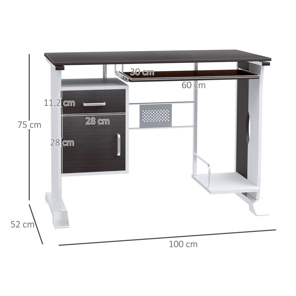 SCHREIBTISCH Schwarzbraun und Weiß mit Tastaturauszug, Schublade und Fach 100/52/75 cm - Walnussfarben, Holzwerkstoff (52/100/75cm) - PANGIVO
