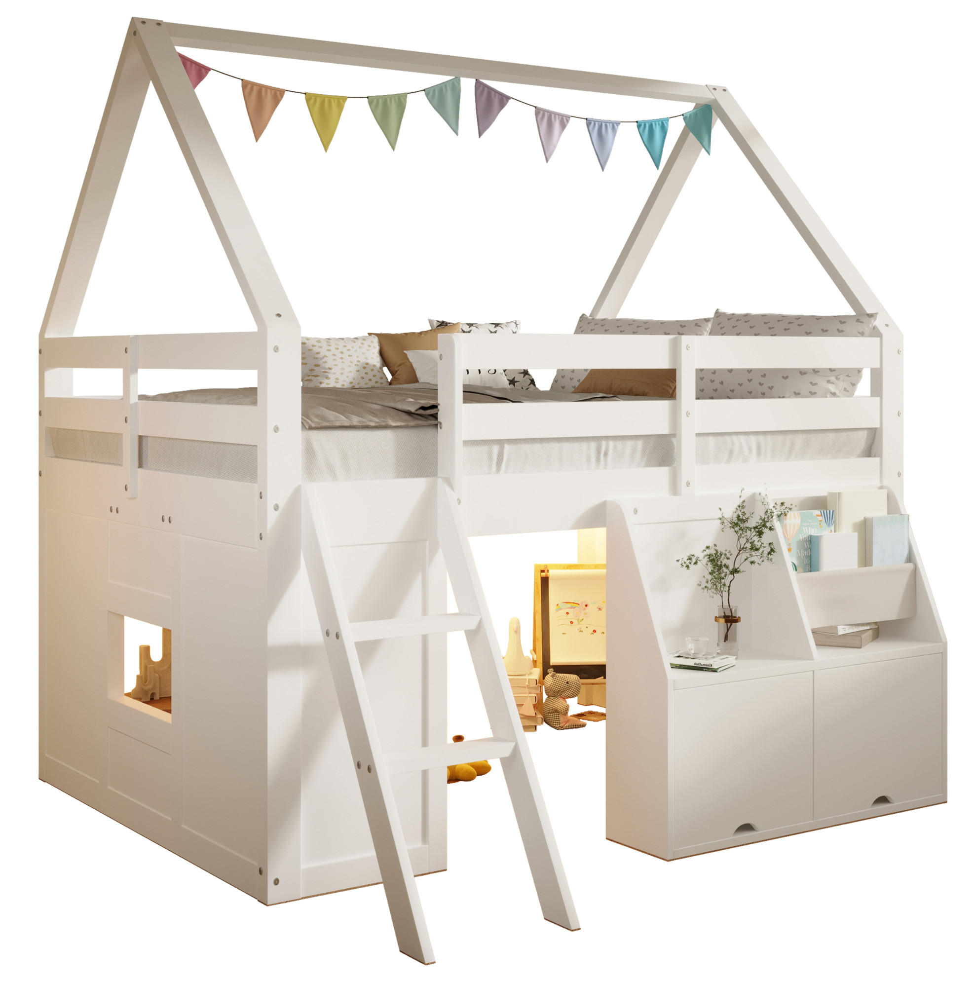 HOCHBETT aus Holz 140x200 cm Weiß mit Treppe, LED-Beleuchtung, Aufbewahrungsboxen und Stofftaschen - Weiß, Holz (140/200cm) - Modfu