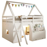 HOCHBETT aus Holz 140x200 cm Weiß mit Treppe, LED-Beleuchtung, Aufbewahrungsboxen und Stofftaschen - Weiß, Holz (140/200cm) - Modfu