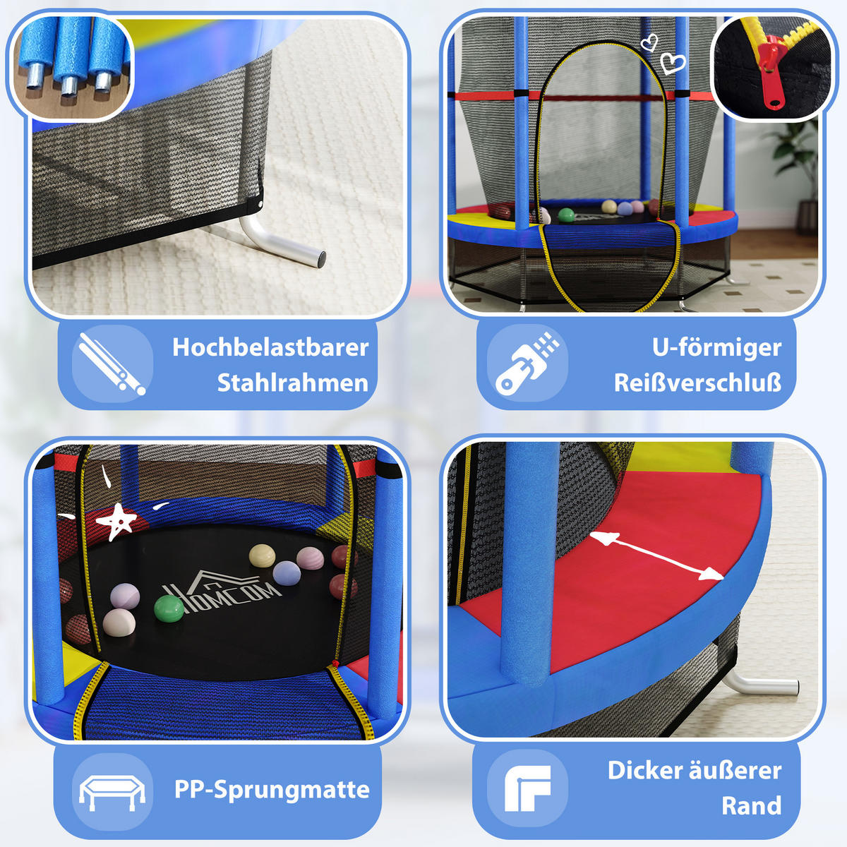 KINDER TRAMPOLIN, Mehrfarbig, Stahl, Kunststoff - Blau, Metall (140/140cm) - HOMCOM