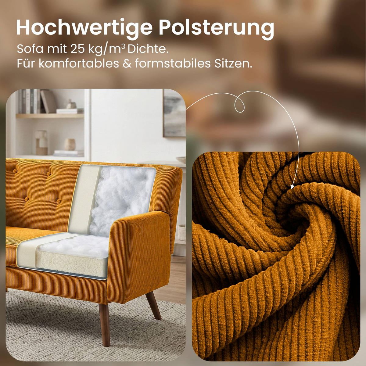 SOFA 120/74 cm Cord Orange - Braun/Orange, Holz/Textil (120/81/74cm) - CLP