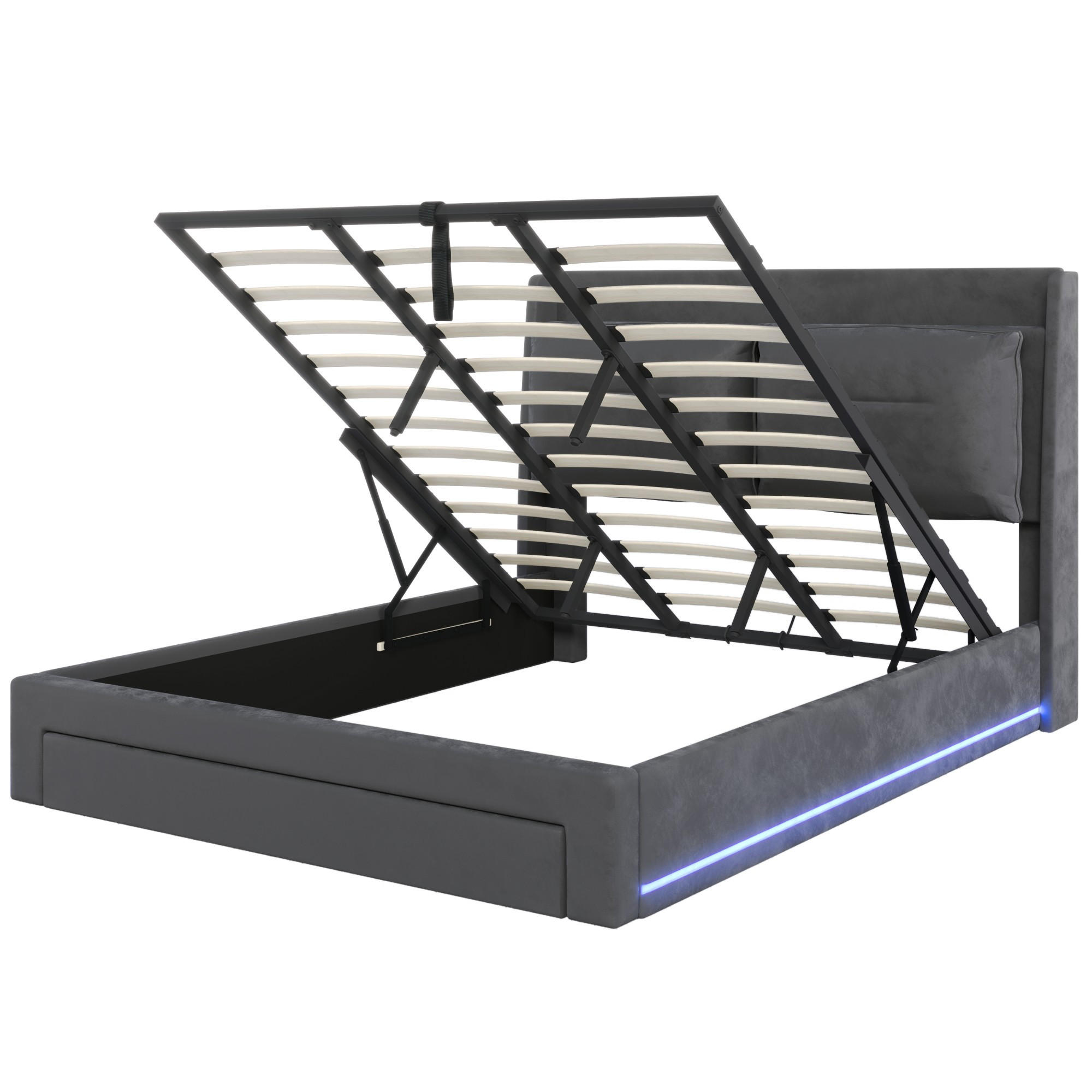 STAURRAUMBETT 180/200 cm DE-02813, mit LED, Hydraulik und 2-in-1-Schublade, in Dunkelgrau - Dunkelgrau, Metall (180/200cm) - ComfortXL