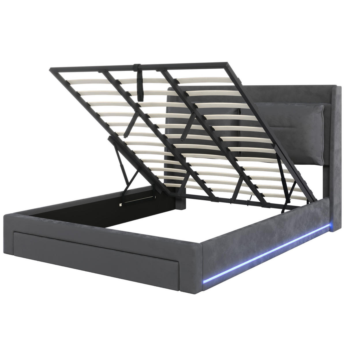 POLSTERBETT 180/200 cm Dunkelgrau mit hydraulischem Bettkasten und LED-Beleuchtung - Dunkelgrau, Textil (180/200cm) - OKWISH